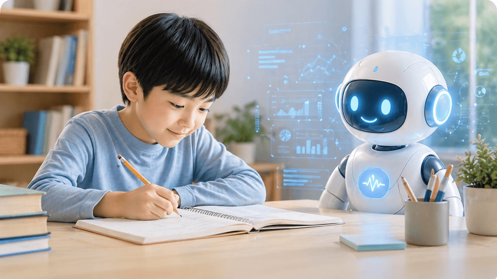 タブレットと紙のプリントで学ぶ小学生に、AIが今日の問題を出題している様子