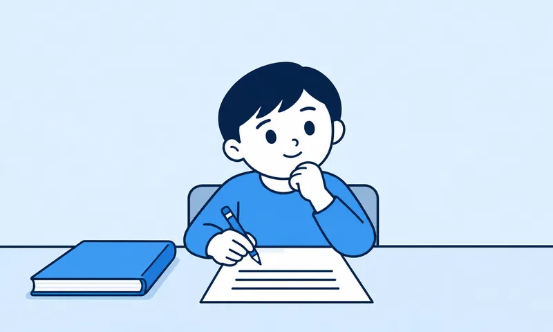 本を閉じて、考えながら答えを書いている男の子のイラスト