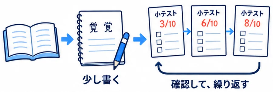 教科書を読み、少し書いたら小テストを繰り返し、3/10、6/10、8/10と確認しながら定着させる流れのイラスト