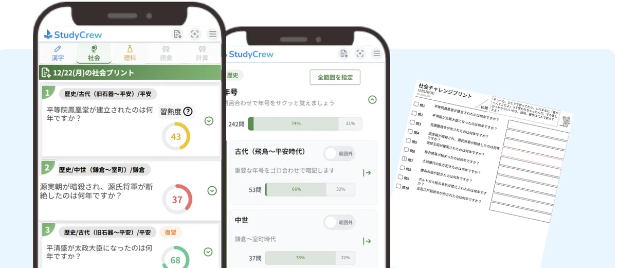 StudyCrewのアプリ画面（今日の社会プリント、単元ごとの定着率）と印刷用の社会チャレンジプリント