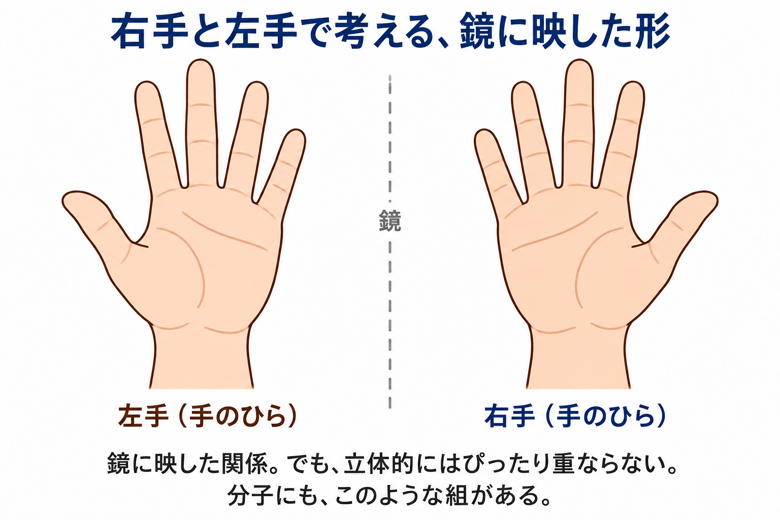 手のひらを正面に向けた左手と右手。画面左が左手、画面右が右手で、親指は外側を向く。鏡に映した関係にあり、立体的には重ならない。